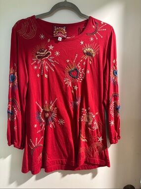 Johnny Was Red Embroidered Long-Sleeve Tee with Heart Motifs